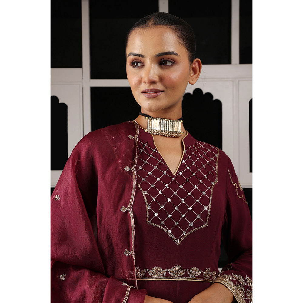 House of Supriya Maroon Embellished Stylised Anarkali Kurta with Pant & Dupatta (Set of 3)