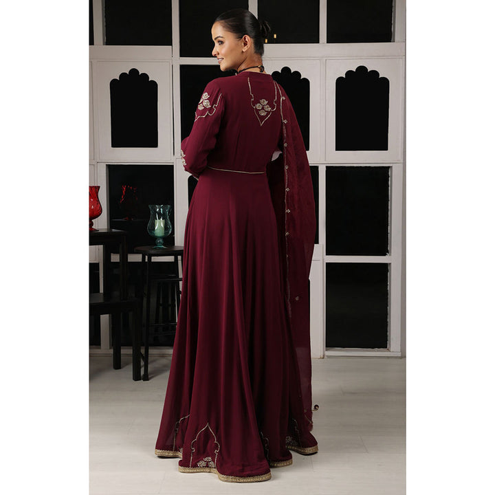 House of Supriya Maroon Embellished Stylised Anarkali Kurta with Pant & Dupatta (Set of 3)