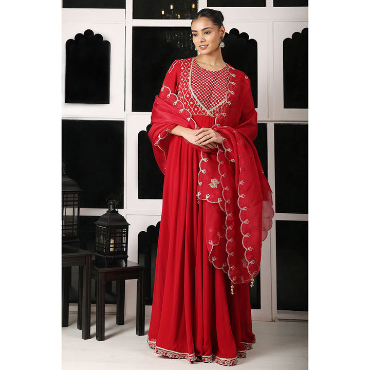 House of Supriya Red Embellished Stylised Anarkali Kurta with Pant & Dupatta (Set of 3)