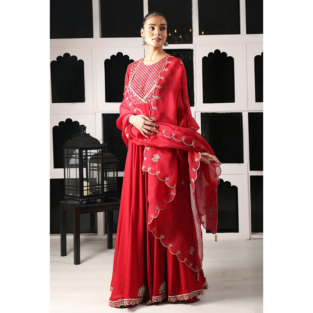 House of Supriya Red Embellished Stylised Anarkali Kurta with Pant & Dupatta (Set of 3)