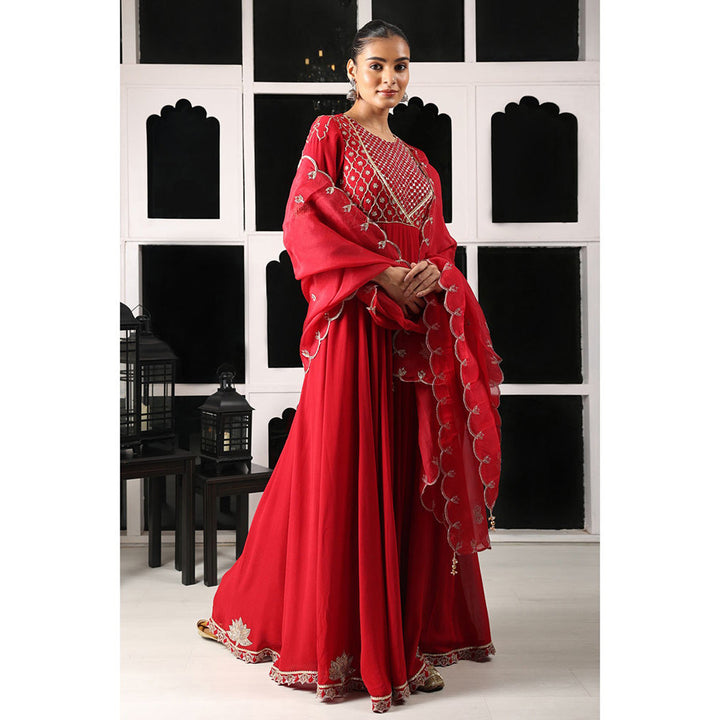 House of Supriya Red Embellished Stylised Anarkali Kurta with Pant & Dupatta (Set of 3)