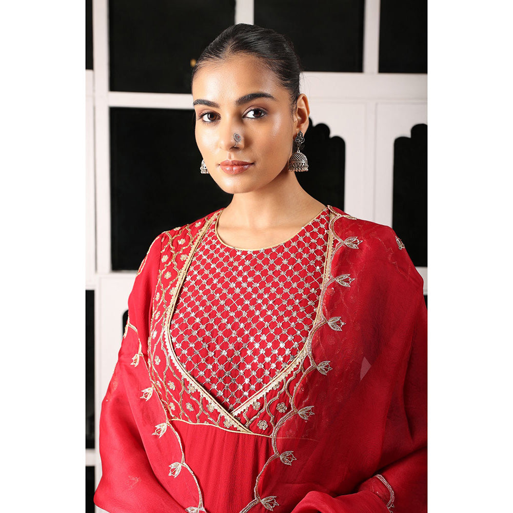 House of Supriya Red Embellished Stylised Anarkali Kurta with Pant & Dupatta (Set of 3)