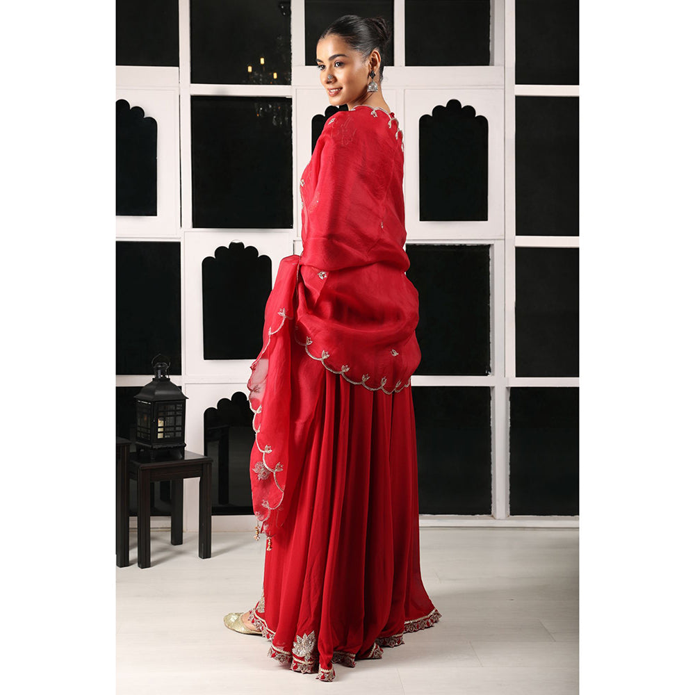 House of Supriya Red Embellished Stylised Anarkali Kurta with Pant & Dupatta (Set of 3)