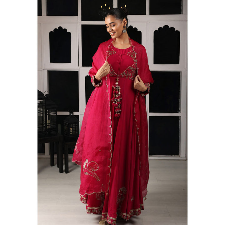 House of Supriya Pink Embellished Stylised Anarkali Kurta with Pant & Dupatta (Set of 3)