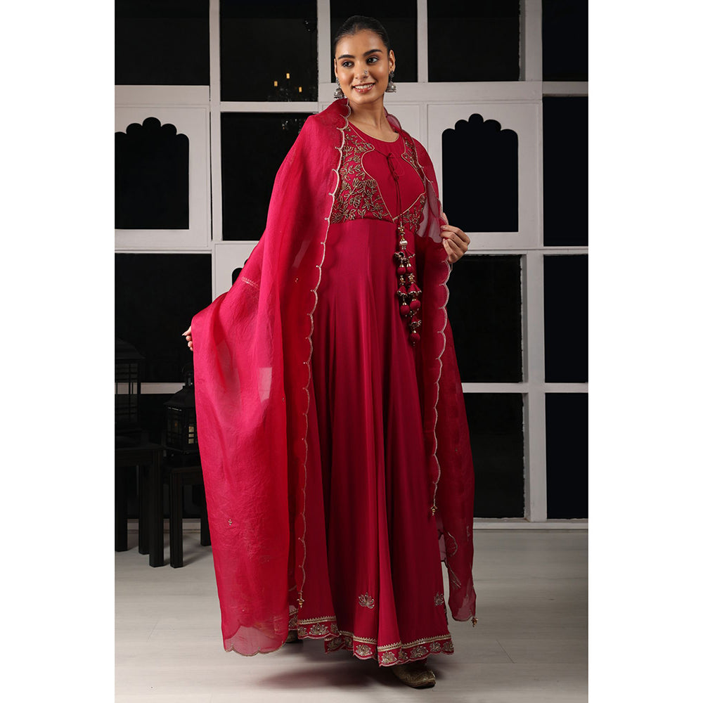 House of Supriya Pink Embellished Stylised Anarkali Kurta with Pant & Dupatta (Set of 3)