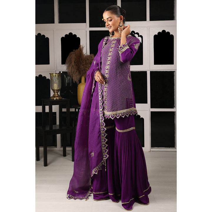 House of Supriya Purple Embellished Kurta & Sharara with Dupatta (Set of 3)