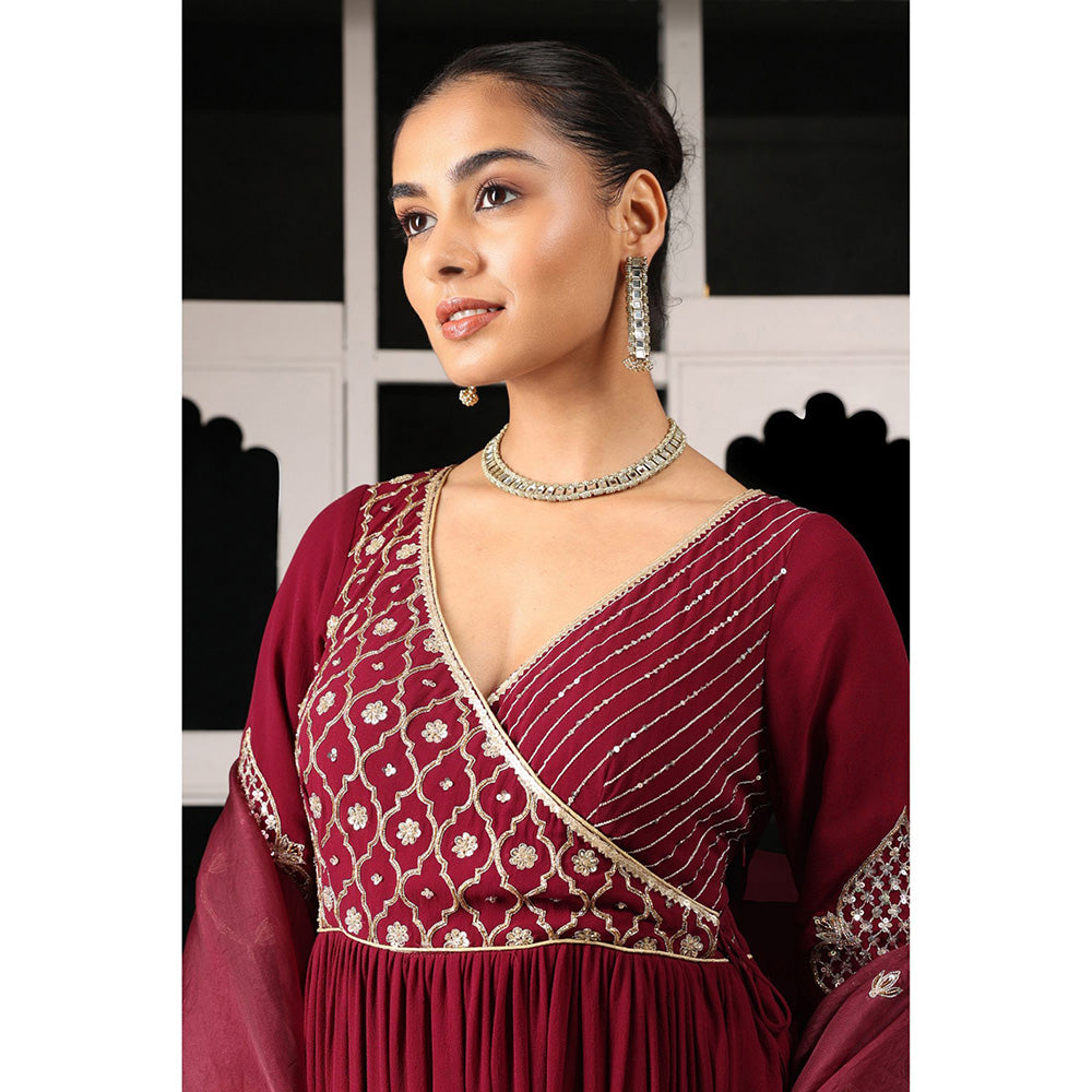 House of Supriya Maroon Embellished Kurta & Sharara with Dupatta (Set of 3)