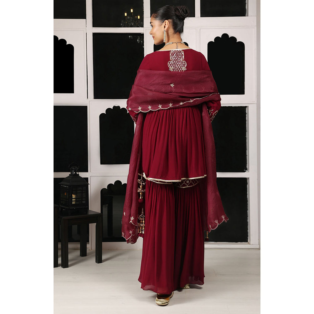 House of Supriya Maroon Embellished Kurta & Sharara with Dupatta (Set of 3)