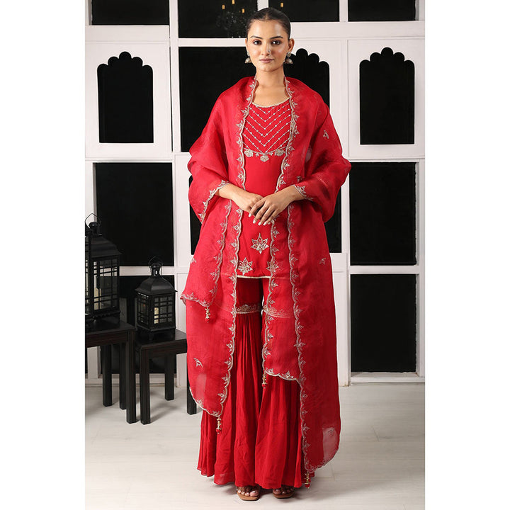 House of Supriya Red Embellished Kurta & Sharara with Dupatta (Set of 3)