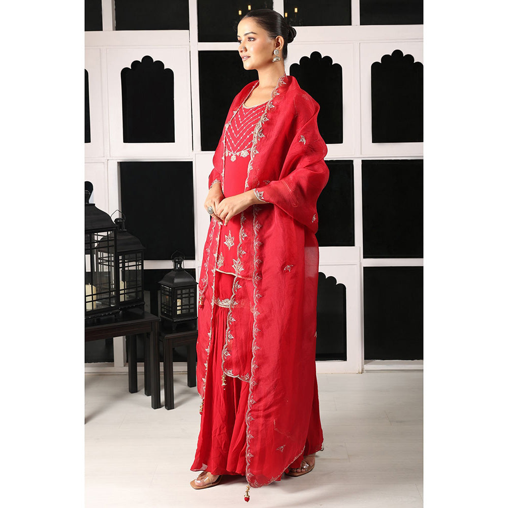 House of Supriya Red Embellished Kurta & Sharara with Dupatta (Set of 3)