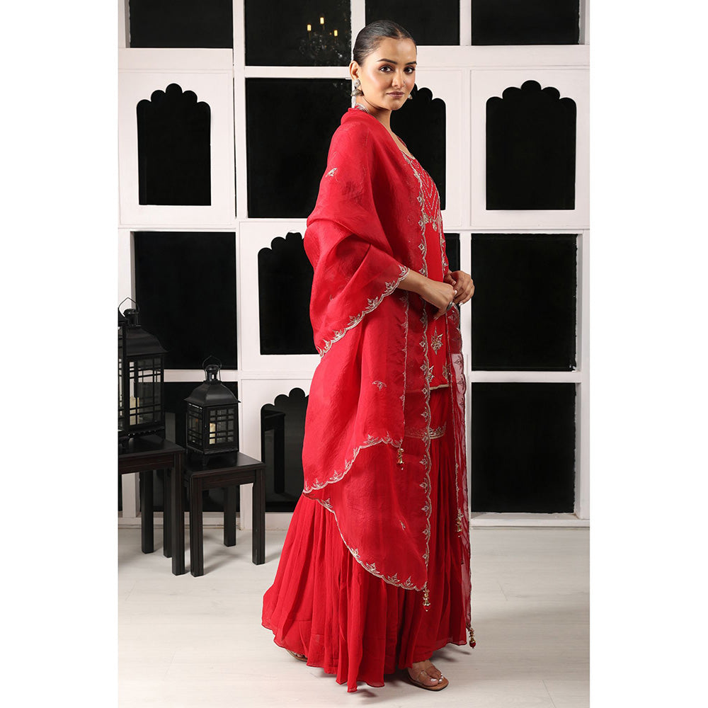 House of Supriya Red Embellished Kurta & Sharara with Dupatta (Set of 3)