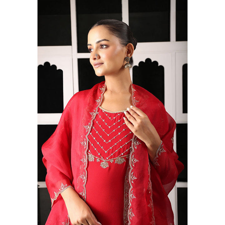 House of Supriya Red Embellished Kurta & Sharara with Dupatta (Set of 3)