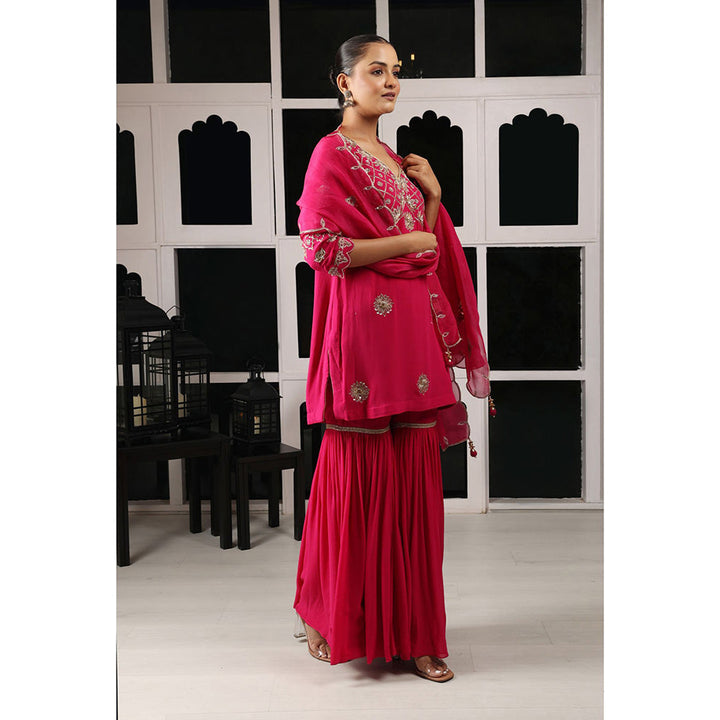 House of Supriya Pink Embellished Kurta & Sharara with Dupatta (Set of 3)