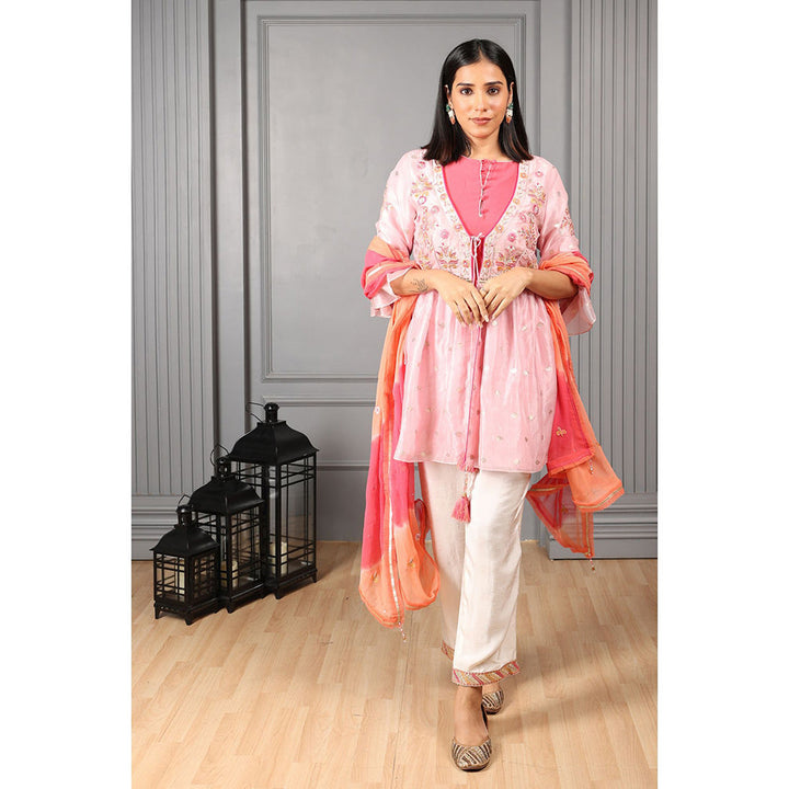 House of Supriya Baby Pink Embroidered Top & Jacket with Dupatta & Pant (Set of 4)