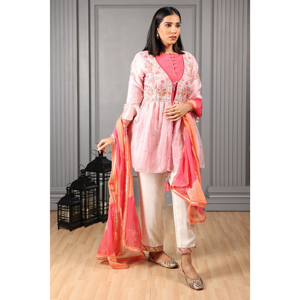 House of Supriya Baby Pink Embroidered Top & Jacket with Dupatta & Pant (Set of 4)