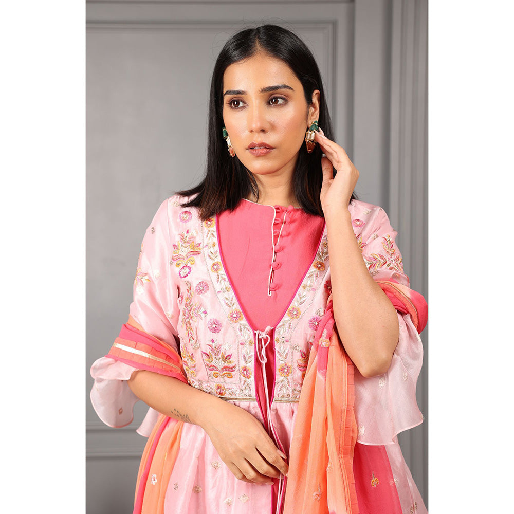 House of Supriya Baby Pink Embroidered Top & Jacket with Dupatta & Pant (Set of 4)