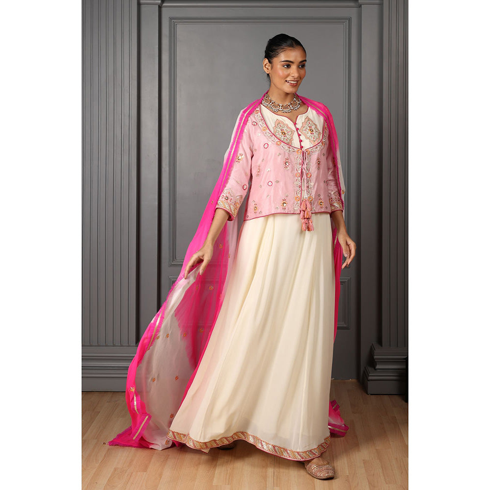 House of Supriya Off White Embroidered Kurta with Pant & Jacket & Dupatta (Set of 4)