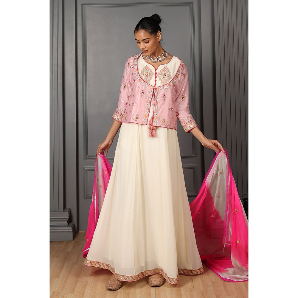 House of Supriya Off White Embroidered Kurta with Pant & Jacket & Dupatta (Set of 4)