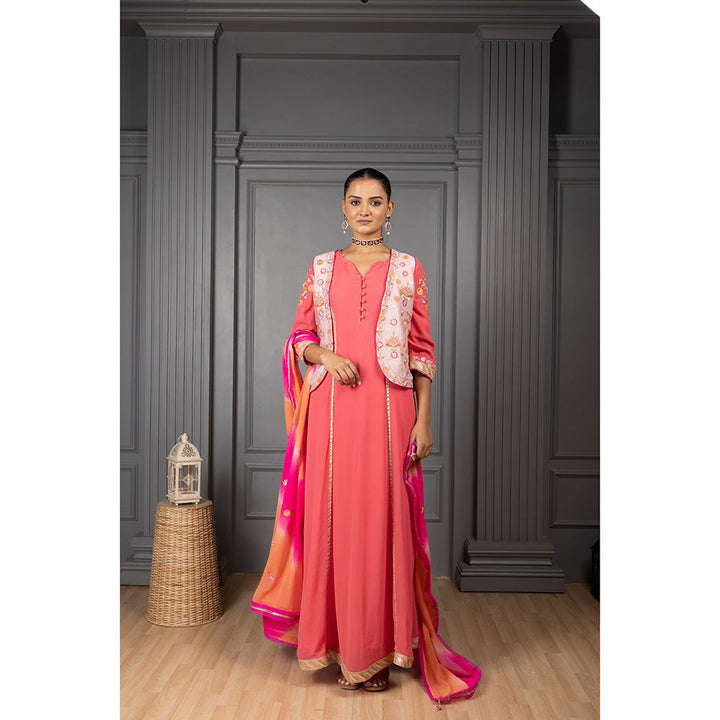 House of Supriya Peach Red Embroidered Kurta with Pant & Jacket & Dupatta (Set of 4)