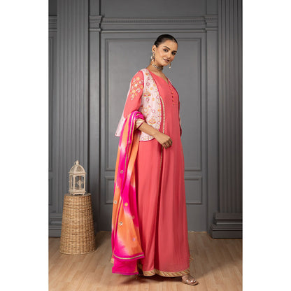 House of Supriya Peach Red Embroidered Kurta with Pant & Jacket & Dupatta (Set of 4)