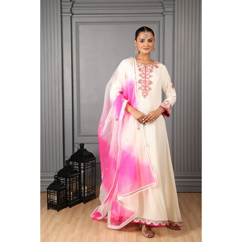 House of Supriya Off White Embroidered Anarkali Kurta & Pant with Dupatta (Set of 3)