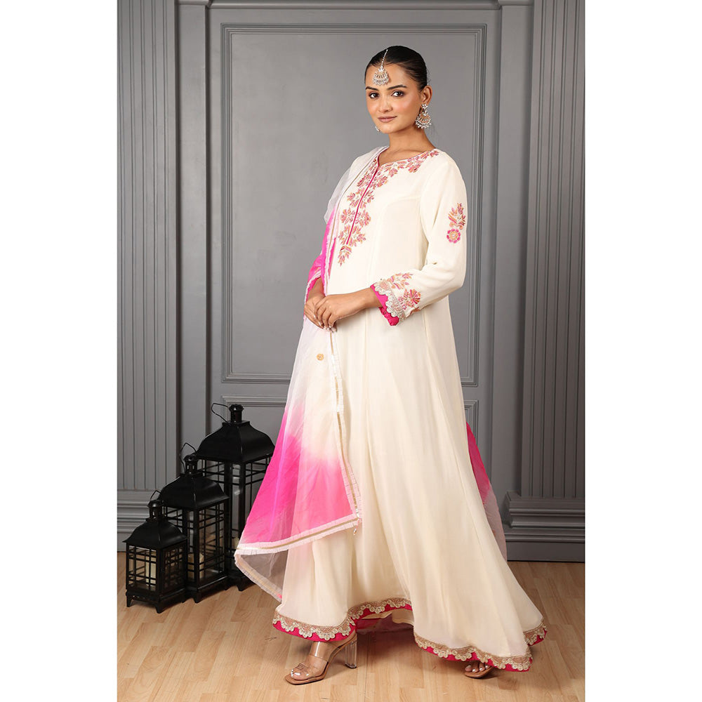 House of Supriya Off White Embroidered Anarkali Kurta & Pant with Dupatta (Set of 3)