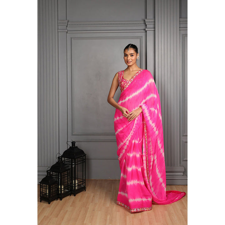 House of Supriya Tie & Dye Pink Saree with Embroidered with Stitched Blouse