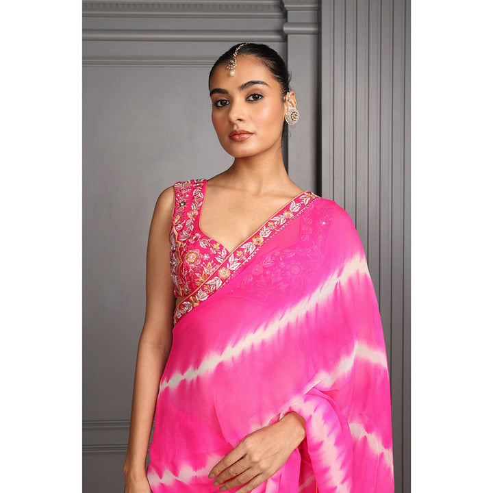 House of Supriya Tie & Dye Pink Saree with Embroidered with Stitched Blouse