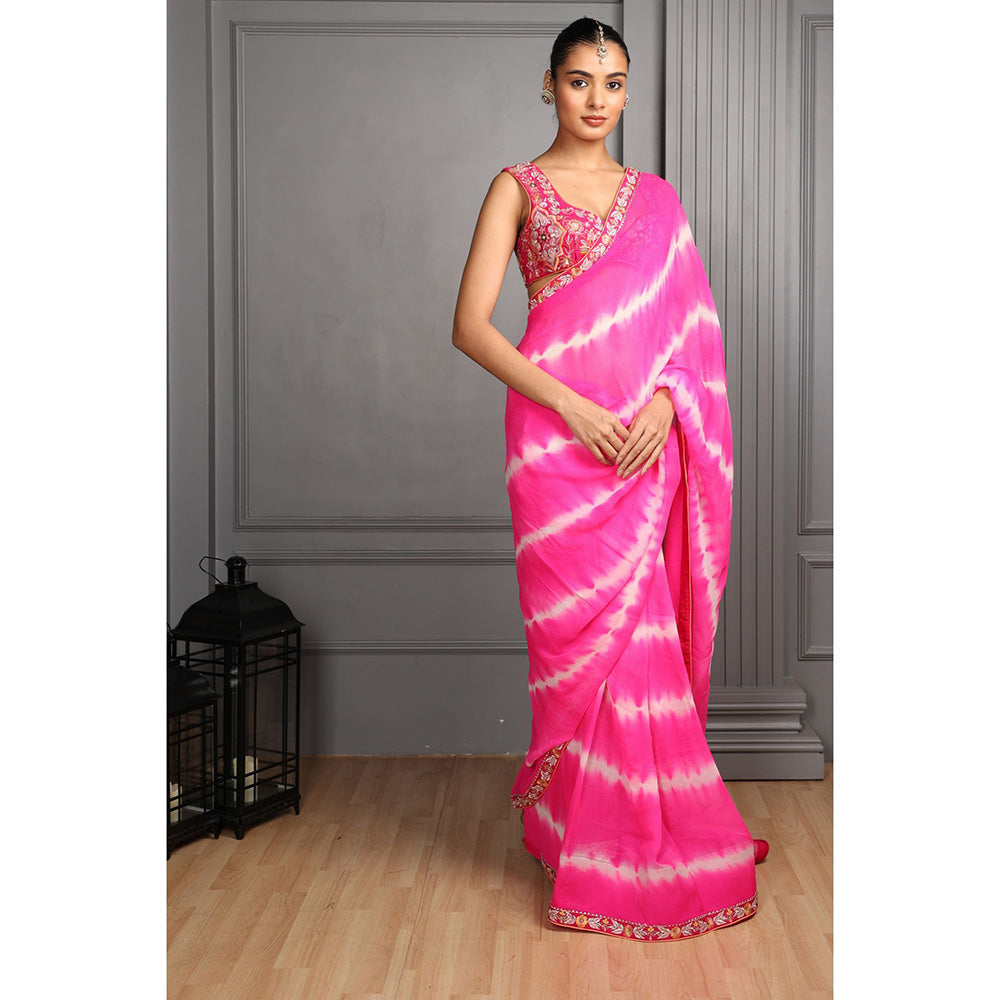 House of Supriya Tie & Dye Pink Saree with Embroidered with Stitched Blouse