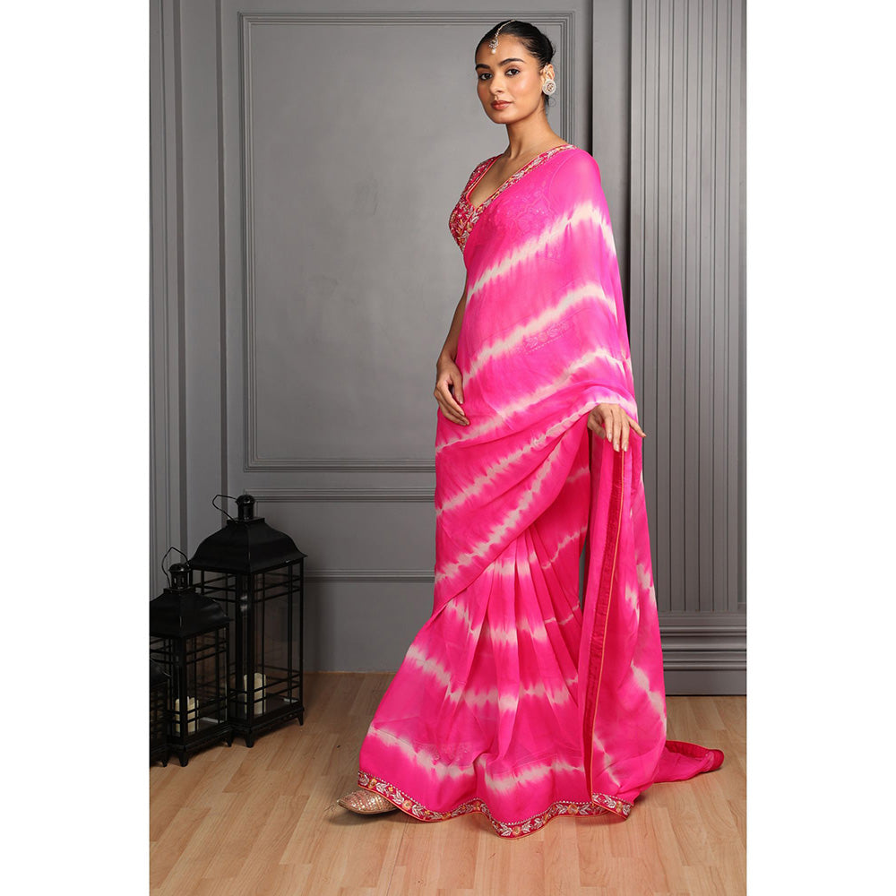 House of Supriya Tie & Dye Pink Saree with Embroidered with Stitched Blouse