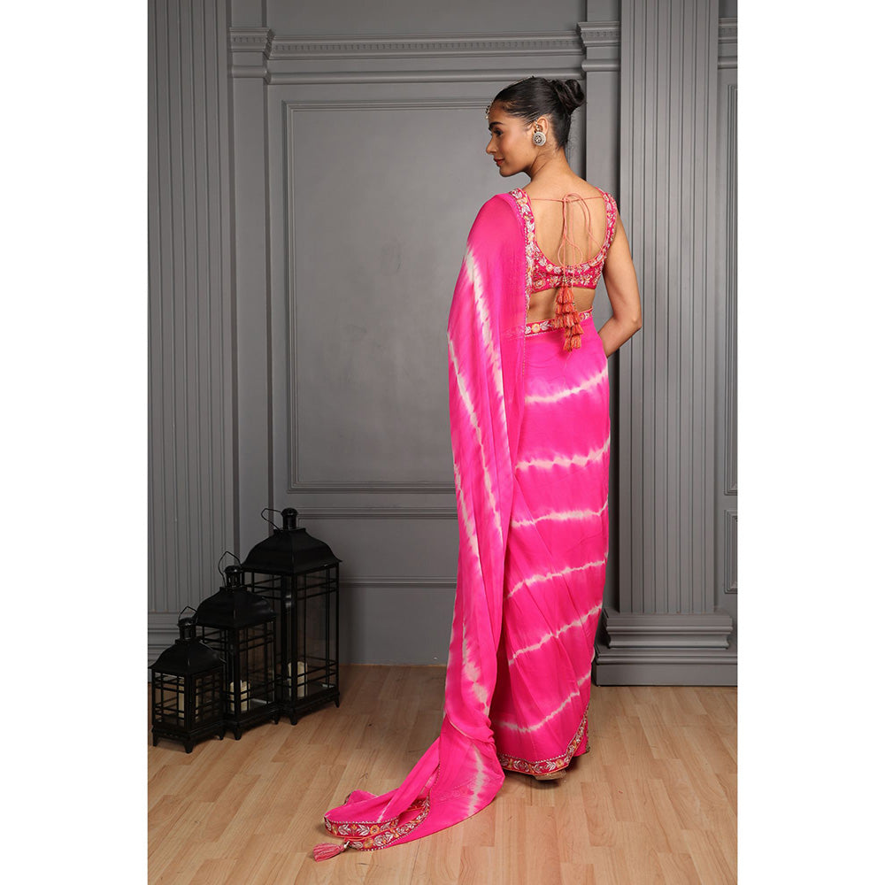 House of Supriya Tie & Dye Pink Saree with Embroidered with Stitched Blouse