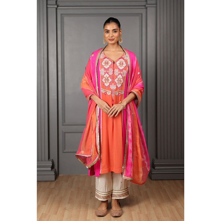 House of Supriya Pink & Orange Embroidered Stylised Kurta & Pant with Dupatta (Set of 3)