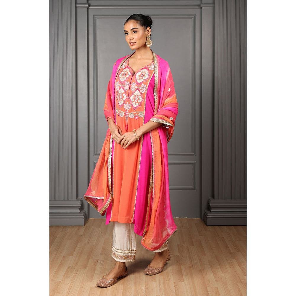 House of Supriya Pink & Orange Embroidered Stylised Kurta & Pant with Dupatta (Set of 3)