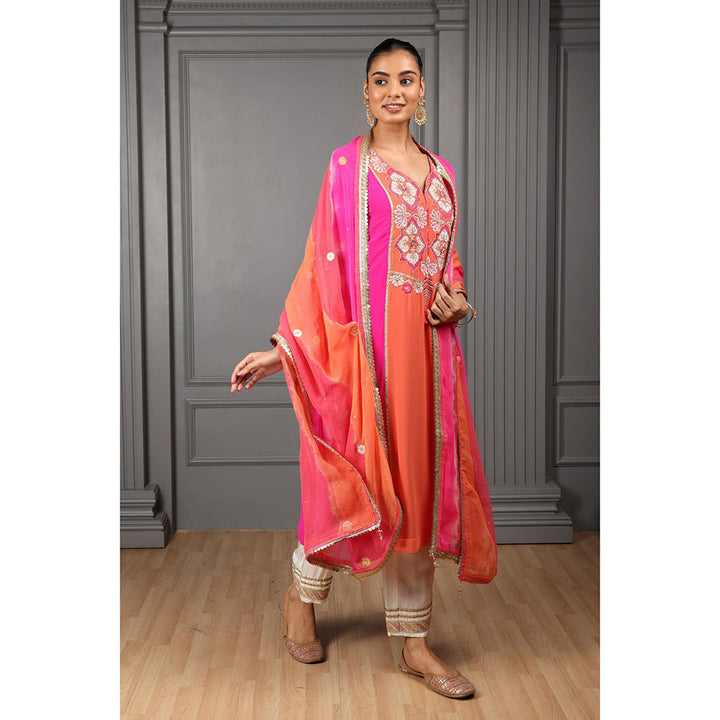 House of Supriya Pink & Orange Embroidered Stylised Kurta & Pant with Dupatta (Set of 3)