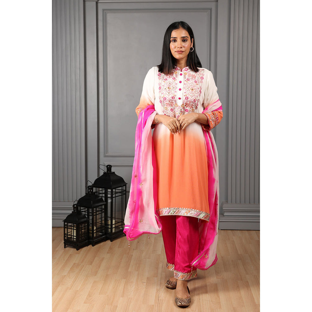 House of Supriya Orange & Off-White Ombre Stylised Kurta & Pant with Dupatta (Set of 3)