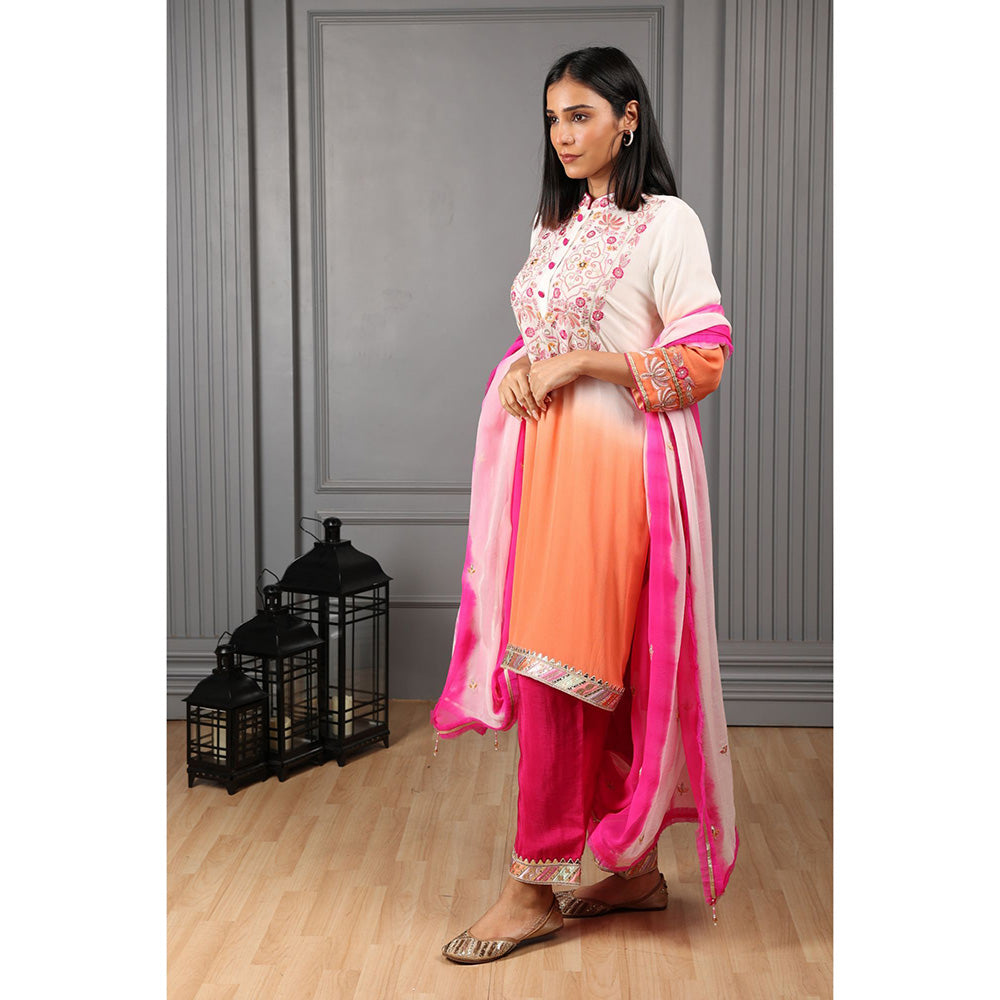 House of Supriya Orange & Off-White Ombre Stylised Kurta & Pant with Dupatta (Set of 3)