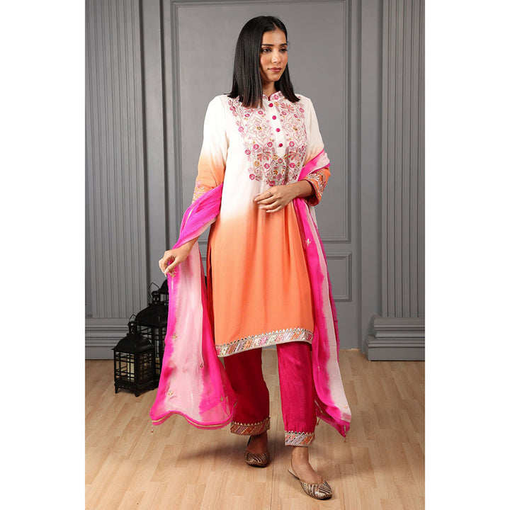 House of Supriya Orange & Off-White Ombre Stylised Kurta & Pant with Dupatta (Set of 3)