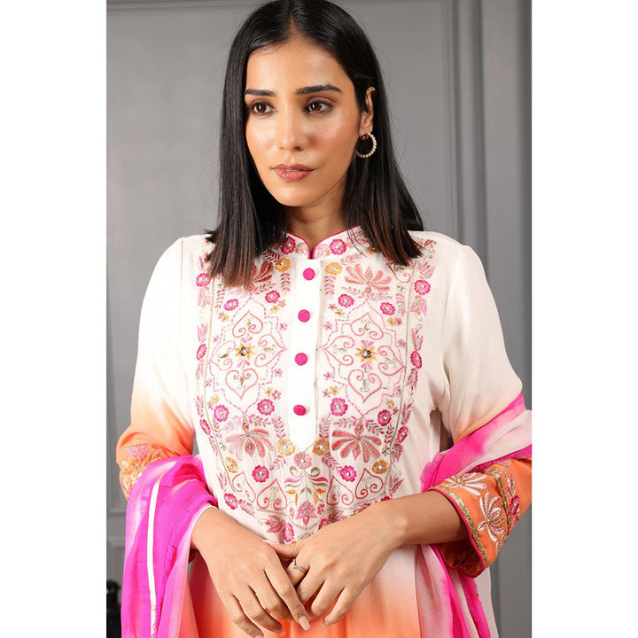 House of Supriya Orange & Off-White Ombre Stylised Kurta & Pant with Dupatta (Set of 3)