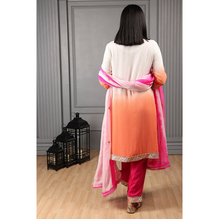 House of Supriya Orange & Off-White Ombre Stylised Kurta & Pant with Dupatta (Set of 3)