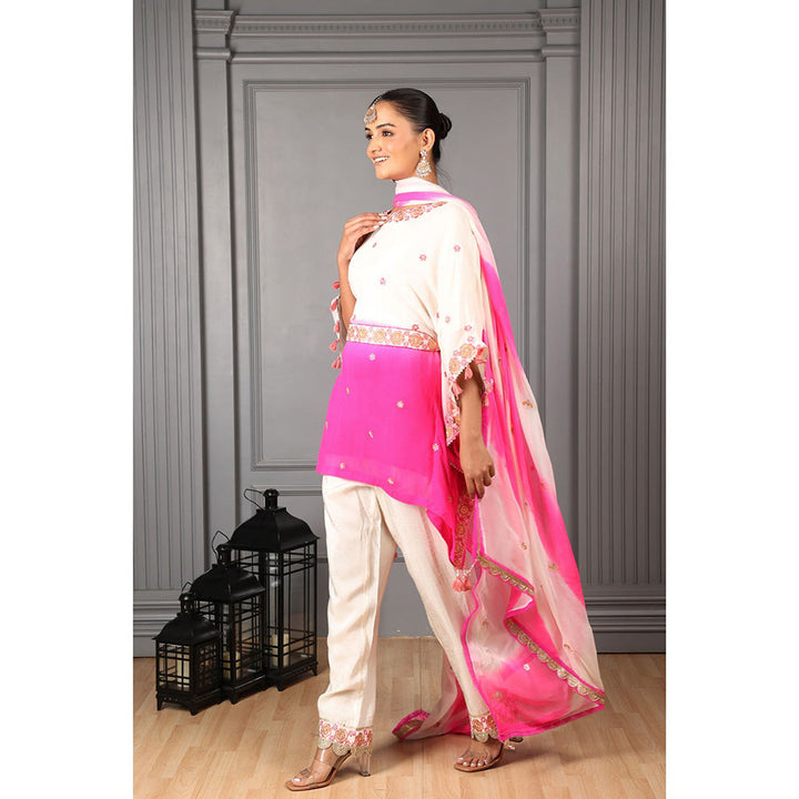 House of Supriya Off White & Pink Ombre Stylised Kaftan Kurta with Pant & Dupatta (Set of 4)