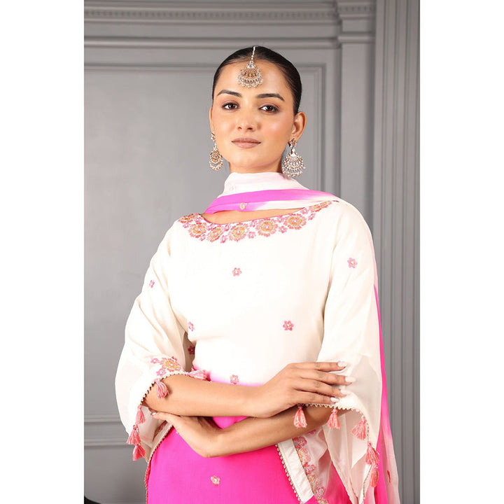 House of Supriya Off White & Pink Ombre Stylised Kaftan Kurta with Pant & Dupatta (Set of 4)