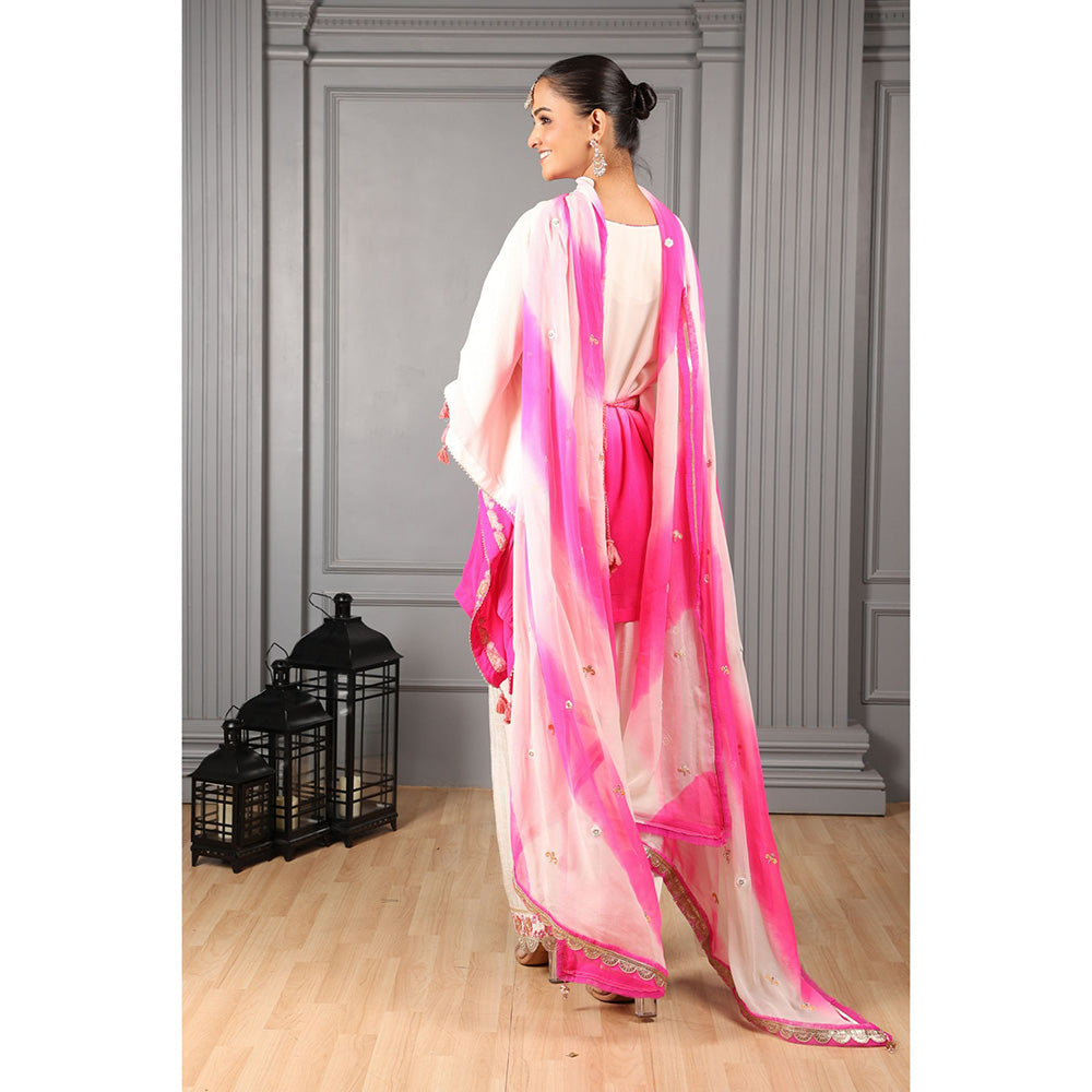 House of Supriya Off White & Pink Ombre Stylised Kaftan Kurta with Pant & Dupatta (Set of 4)