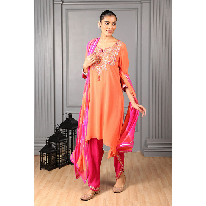 House of Supriya Orange Embroidered High Low Kurta & Pant with Dupatta (Set of 3)