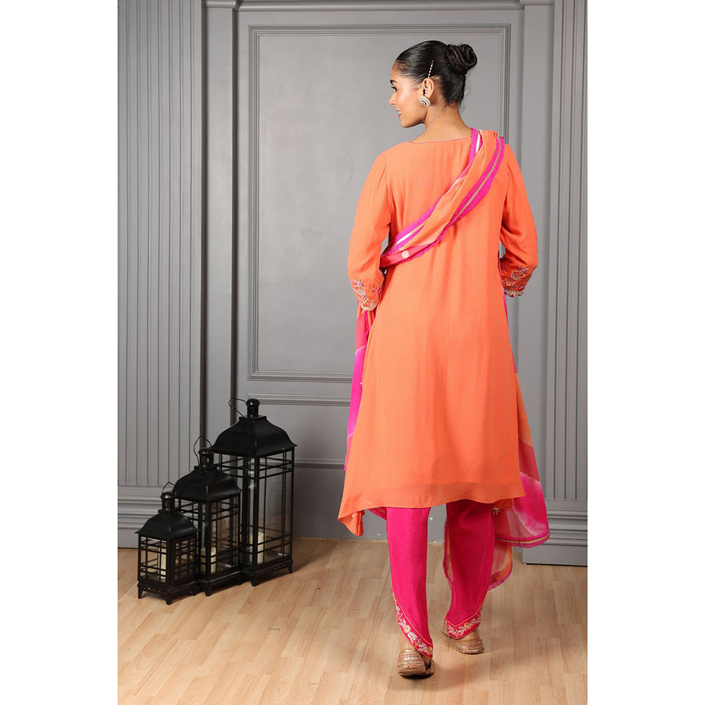 House of Supriya Orange Embroidered High Low Kurta & Pant with Dupatta (Set of 3)