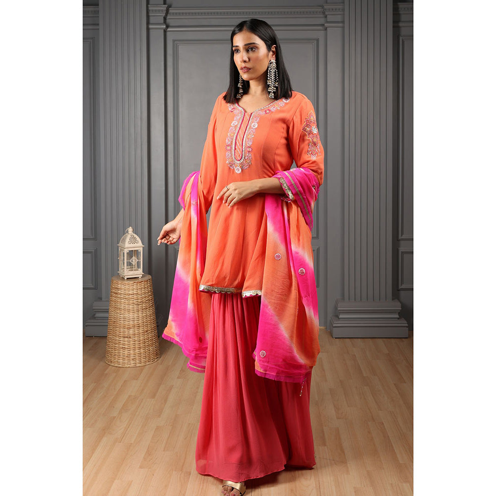 House of Supriya Orange Embroidered Kurta & Sharara with Dupatta (Set of 3)