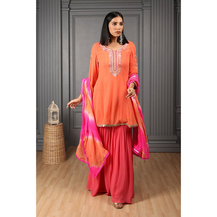 House of Supriya Orange Embroidered Kurta & Sharara with Dupatta (Set of 3)