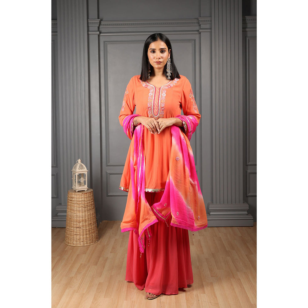 House of Supriya Orange Embroidered Kurta & Sharara with Dupatta (Set of 3)