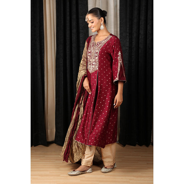 House of Supriya Maroon Embroidered Kurta & Pant with Dupatta (Set of 3)