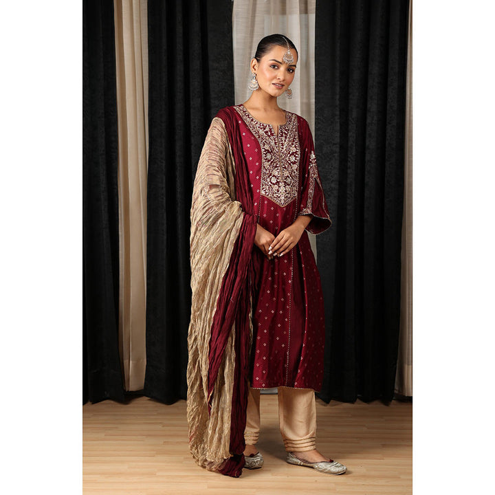 House of Supriya Maroon Embroidered Kurta & Pant with Dupatta (Set of 3)