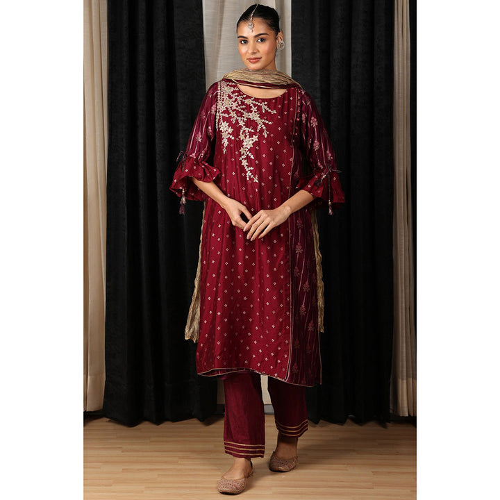 House of Supriya Maroon Embroidered Kurta & Pant with Dupatta (Set of 3)